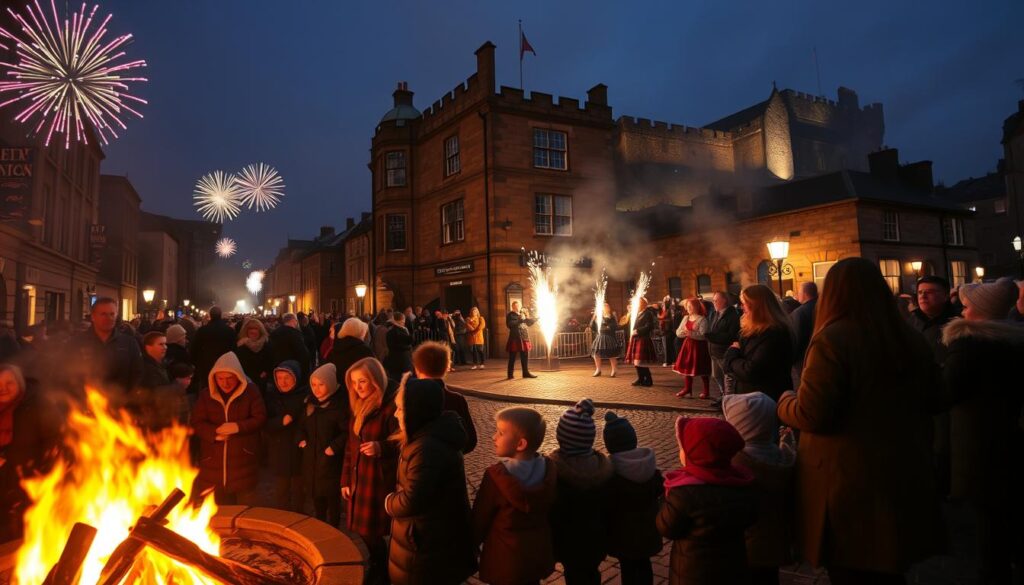 A vibrant historical scene of Hogmanay in Edinburgh, showcasing a festive street filled with people celebrating the New Year. In the foreground, adults and children dressed in warm, modest winter clothing gather around a bonfire, their faces illuminated by its warm glow. In the middle ground, traditional Scottish dancers perform in front of a historic stone building, adding to the celebratory atmosphere. Fireworks light up the night sky, casting colorful reflections in the nearby cobblestone streets. In the background, the iconic Edinburgh Castle can be seen, shrouded in mist under the night sky. The scene is bustling and lively, evoking a sense of joy and community for the New Year. The lighting is warm and inviting, with a slight fog adding a magical touch to the atmosphere. The angle is slightly elevated, providing a panoramic view of the scene.