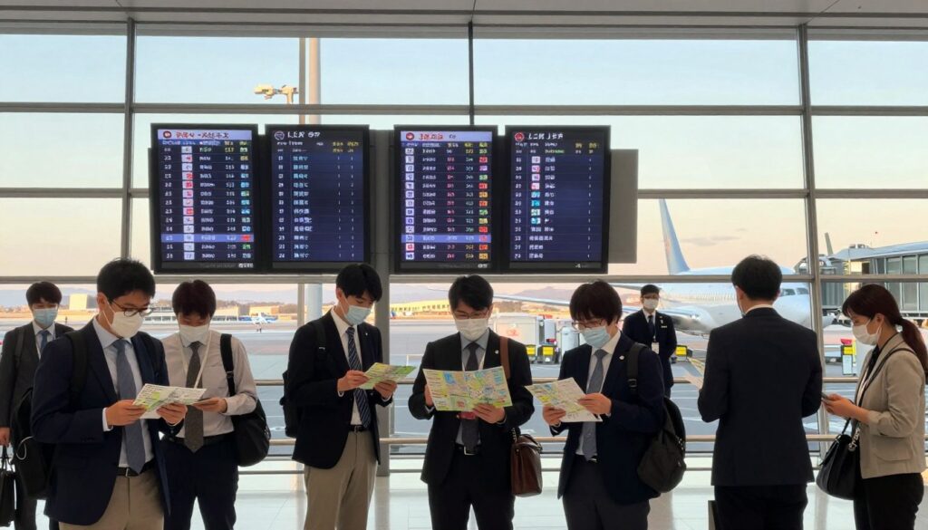A vibrant international airport scene showcasing travelers preparing for flights to Japan, specifically Tokyo and Kyoto. In the foreground, a diverse group of travelers dressed in professional business attire and modest casual clothing, consulting maps and tickets. The middle ground features towering departure boards displaying flight information to various Japanese cities, and airport staff assisting passengers. The background includes sleek airplane silhouettes through large windows, set against a serene winter sky with soft sunlight illuminating the scene, creating a warm atmosphere. The overall mood conveys excitement and anticipation of the journey ahead. Use a wide-angle lens to capture the bustling ambience of the airport, with a focus on clarity and detail.