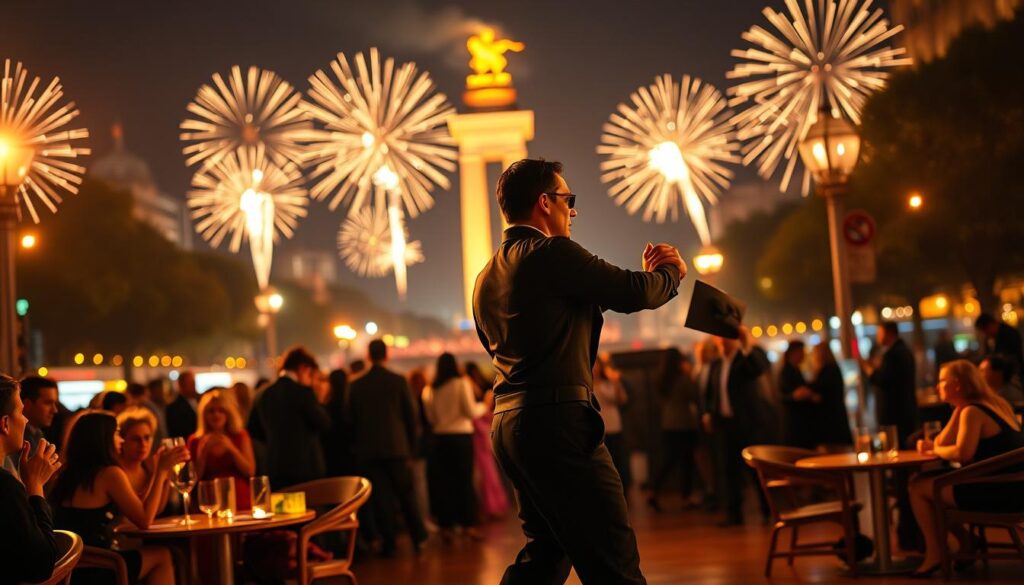 A vibrant night scene capturing the essence of a lively tango performance during the New Year's Eve celebration in Buenos Aires. In the foreground, a professional couple gracefully dances the tango, dressed in elegant attire, showcasing their passion and skill. The middle ground features a bustling crowd, some clapping along, while others enjoy drinks from nearby tables. The background highlights the iconic Obelisco illuminated in festive colors, surrounded by fireworks lighting up the sky. The scene is bathed in warm, golden light, invoking a festive and romantic atmosphere, with soft bokeh effects of lights twinkling in the distance. The angle is slightly elevated, providing a wide view of the celebration, encapsulating the joy and excitement of the revelry.