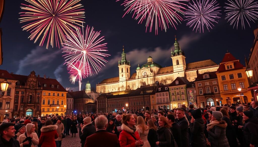 A vibrant night scene of fireworks illuminating the sky over the historic Cidade Velha square in Prague. In the foreground, the cobblestone streets filled with enthusiastic onlookers are captured in elegant winter attire, gazing up in awe. The middle ground features iconic architectural landmarks, such as the stunning baroque buildings and the famous Astronomical Clock, all shimmering under the dazzling colors of the fireworks. Beyond, the majestic Prague Castle towers softly lit against the dark sky. The atmosphere is filled with excitement and celebration, with bursts of colorful fireworks reflecting in the joy-filled faces of the crowd. Use vivid colors and dramatic lighting to enhance the festive spirit, capturing the essence of New Year’s Eve in Prague. Shot from a low angle to emphasize the grandeur of the scene.