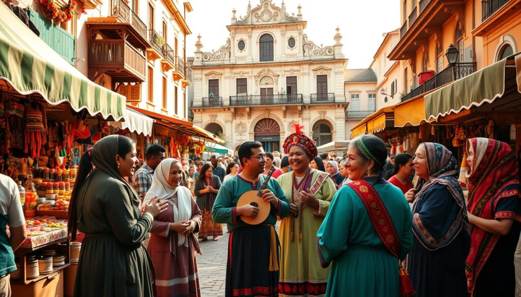 A vibrant outdoor market scene in Brazil, showcasing the rich culture, history, and local traditions. In the foreground, a group of people dressed in traditional, modest clothing engaging in a lively conversation, surrounded by colorful stalls filled with handcrafted goods, local foods, and cultural artifacts. The middle ground features a beautifully adorned musician playing a traditional instrument, adding to the festive atmosphere. In the background, historic colonial-style buildings with intricate architecture reflect the cultural heritage. The scene is bathed in warm, golden sunlight, creating a cheerful and inviting mood. Use a wide-angle lens to capture the bustling environment, emphasizing the diversity and vibrancy of local traditions while showcasing the essence of Brazilian culture.