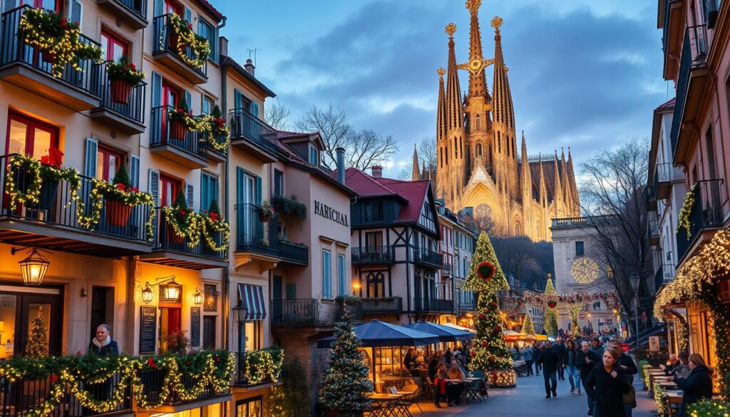 A vibrant, picturesque scene of scenic neighborhoods in Barcelona during the festive Christmas season. In the foreground, charming hotel balconies adorned with twinkling Christmas lights, each with potted plants and cozy decorations. The middle ground showcases quaint chalets with colorful facades and street cafes bustling with people dressed in stylish winter attire, enjoying holiday treats. In the background, the iconic Sagrada Família is illuminated with a warm glow, its intricate architecture beautifully highlighted against the evening sky. Capture this enchanting atmosphere with a soft twilight lighting, shot with a wide-angle lens to encompass the lively street and festive decorations, evoking a sense of holiday joy and cultural richness.