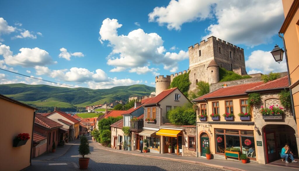 A vibrant, picturesque scene showcasing historic and cultural destinations, featuring a stunning ancient castle on a hilltop in the foreground, intricately detailed with stonework and ivy. In the middle ground, a quaint cobblestone street lined with colorful buildings, each adorned with flower boxes and outdoor cafes, inviting solo travelers to explore. The background features rolling green hills under a bright, blue sky with fluffy clouds, capturing a warm, inviting atmosphere. Soft, golden lighting suggests early morning or late afternoon, perfect for photography. A sense of tranquility and adventure permeates the scene, ideal for individuals seeking enriching travel experiences. The composition is wide-angle, allowing for a panoramic view of this idyllic destination, emphasizing its charm and cultural significance.
