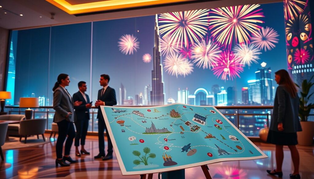 A vibrant scene capturing a travel itinerary for exploring Dubai during New Year’s celebrations. In the foreground, a luxurious hotel lobby with elegant decor and travelers dressed in stylish business attire, discussing plans. In the middle ground, a beautifully designed map featuring iconic locales such as Burj Khalifa and dazzling fireworks illustrations. The background showcases the silhouette of the Burj Khalifa against a night sky ablaze with a futuristic light show, colorful fireworks bursting above. Soft, warm lighting creates a celebratory mood, highlighting the excitement of the New Year. Use a wide-angle lens perspective to encompass the grandeur of Dubai, with a focus on vibrant colors and dynamic contrasts to evoke a high-energy atmosphere. A vibrant scene capturing a travel itinerary for exploring Dubai during New Year’s celebrations. In the foreground, a luxurious hotel lobby with elegant decor and travelers dressed in stylish business attire, discussing plans. In the middle ground, a beautifully designed map featuring iconic locales such as Burj Khalifa and dazzling fireworks illustrations. The background showcases the silhouette of the Burj Khalifa against a night sky ablaze with a futuristic light show, colorful fireworks bursting above. Soft, warm lighting creates a celebratory mood, highlighting the excitement of the New Year. Use a wide-angle lens perspective to encompass the grandeur of Dubai, with a focus on vibrant colors and dynamic contrasts to evoke a high-energy atmosphere.