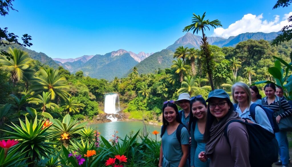 A vibrant scene capturing the essence of cultural experiences and nature excursions in January. In the foreground, a cheerful group of diverse travelers dressed in modest casual clothing is enjoying a guided hike through a lush, tropical rainforest, surrounded by exotic plants and colorful flowers. The middle ground features a picturesque waterfall cascading into a serene pool, where some travelers are admiring the view. In the background, majestic mountains are bathed in warm sunlight, illuminating the clear blue sky. Soft, dappled light filters through the tree canopy, creating a tranquil atmosphere that invites exploration and adventure. The scene should evoke a sense of wonder and excitement, showcasing unforgettable moments in each region.