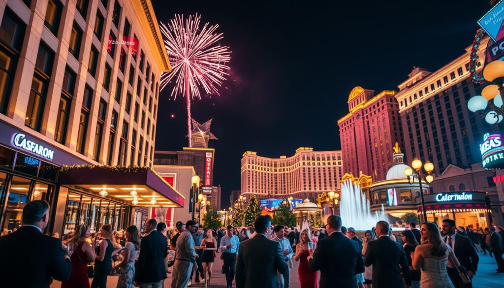 A vibrant scene capturing the essence of strategic lodging in Las Vegas during New Year's Eve, showcasing a view of The Strip decorated with dazzling lights and festive decorations. In the foreground, include a stylish hotel with modern architecture, featuring large windows and bright signage. The middle ground should show a bustling street with elegantly dressed guests, some holding champagne glasses, celebrating as fireworks light up the night sky above the iconic fountains of a hotel. In the background, depict famous landmarks like the Bellagio and Venetian, illuminated by colorful lights. The atmosphere is lively and festive, with a warm glow from the street lamps, creating a celebratory mood, as if the viewer is part of the thrilling New Year's celebration. Shot from a low angle to emphasize the grandeur of the buildings against the night sky.