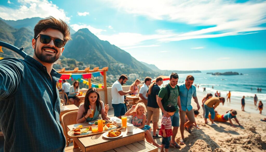 A vibrant scene capturing unforgettable holiday experiences, featuring a group of diverse people in stylish casual clothing, joyfully engaging in various activities. In the foreground, one person takes a scenic selfie against a backdrop of lush mountains, while another is enjoying a traditional meal at an outdoor café adorned with colorful decorations. The middle layer shows families playing games on the beach, with children building sandcastles, all under a warm, golden sunlight that creates a cheerful atmosphere. In the background, picturesque coastline and clear blue skies suggest a perfect getaway. The image is shot from a slightly elevated angle to encompass the joy and excitement of holiday adventures, evoking a sense of adventure and camaraderie among travelers. A vibrant scene capturing unforgettable holiday experiences, featuring a group of diverse people in stylish casual clothing, joyfully engaging in various activities. In the foreground, one person takes a scenic selfie against a backdrop of lush mountains, while another is enjoying a traditional meal at an outdoor café adorned with colorful decorations. The middle layer shows families playing games on the beach, with children building sandcastles, all under a warm, golden sunlight that creates a cheerful atmosphere. In the background, picturesque coastline and clear blue skies suggest a perfect getaway. The image is shot from a slightly elevated angle to encompass the joy and excitement of holiday adventures, evoking a sense of adventure and camaraderie among travelers.