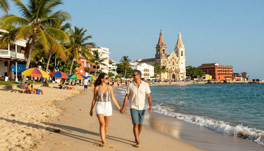 A vibrant scene depicting Colombia in January during the dry season, showcasing the beautiful beaches of Cartagena. In the foreground, a couple in modest summer clothing strolls hand in hand along the sandy shore, smiling and enjoying the warm sun. The middle ground features turquoise waves gently lapping at the beach, with palm trees swaying in the breeze and colorful beach umbrellas providing shade. In the background, the iconic colonial architecture of Cartagena glistens under the clear blue sky, highlighting the vibrant culture. The sunlight casts a warm golden glow over the entire scene, creating a lively and inviting atmosphere that embodies the essence of a perfect January getaway in Colombia. The composition should evoke feelings of joy and relaxation, inviting viewers to imagine themselves in this tropical paradise.