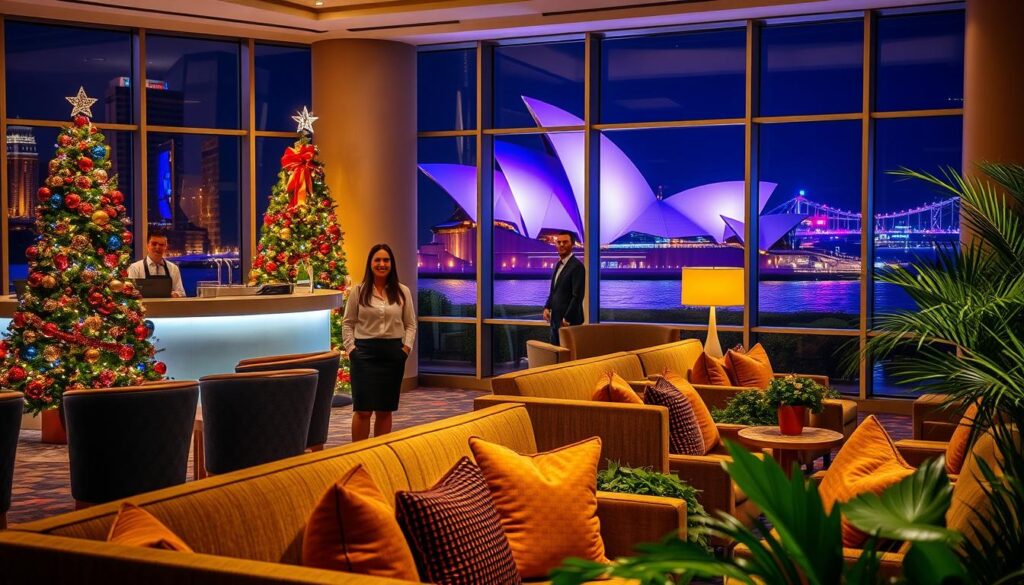 A vibrant scene depicting a cozy hotel lobby decorated for Christmas in Sydney. In the foreground, plush seating areas with warm, inviting cushions, surrounded by tastefully arranged holiday decorations, including a Christmas tree adorned with lights. In the middle ground, reception staff in professional attire greet guests with friendly smiles, echoing the festive spirit. Large glass windows in the background reveal a stunning view of Sydney’s iconic Opera House illuminated at night, with colorful Christmas lights reflecting on the water. Soft, warm lighting enhances the festive atmosphere, while hints of summer, like tropical plants, can be seen in the corners. The scene conveys a welcoming and cheerful vibe, perfect for a memorable Christmas visit.
