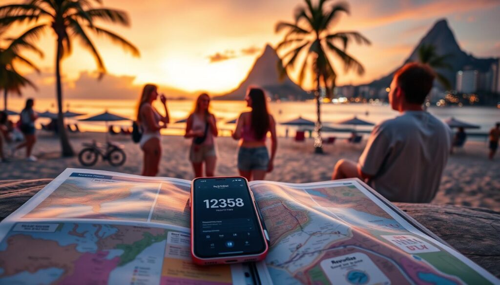 A vibrant scene depicting a meticulously planned travel itinerary for a trip to Rio de Janeiro during Réveillon, set against a picturesque backdrop of Copacabana Beach during sunset. In the foreground, an organized travel planner lies open, showcasing colorful maps, notes, and a smartphone displaying a countdown to the festivities. The middle ground features travelers dressed in casual yet stylish clothing, joyfully discussing their adventure, with beach umbrellas and palm trees in view. The background captures the iconic silhouette of Sugarloaf Mountain, with festive lights twinkling as the sky shifts from orange to deep blue. Utilize soft, warm lighting to enhance the celebratory mood, emphasizing a sense of excitement and anticipation for the upcoming celebration.