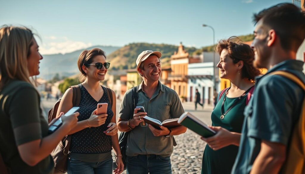 A vibrant scene depicting real travelers sharing their personalized experiences in Tiradentes. In the foreground, a small group of three travelers, dressed in modest casual clothing, animatedly discussing their adventures while holding souvenirs and a travel journal. They are surrounded by warm, natural lighting that creates an inviting atmosphere. The middle ground features the charming colonial architecture of Tiradentes, with colorful buildings and cobblestone streets, evoking a sense of history and culture. In the background, softly blurred hills and lush greenery complete the picturesque landscape. The angle is slightly tilted to give a dynamic perspective, capturing the excitement of travel and connection. The overall mood is joyful and reflective, perfect for showcasing authentic travel stories.