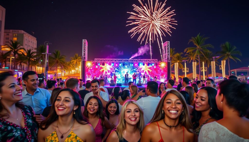 A vibrant scene depicting the excitement of New Year's Eve celebrations in Copacabana, Rio de Janeiro. In the foreground, a diverse group of people dressed in stylish, modest festive attire, smiling and enjoying live music. Middle ground features a large stage with a captivating backdrop of colorful lights and fireworks, where a well-known band performs. The crowd is energetic, dancing and celebrating, reflecting the electric atmosphere of the world's largest street party. In the background, the iconic Copacabana beach and palm trees are illuminated by the warm glow of festive lights, under a starry night sky. The image captures a sense of joy, unity, and vibrant energy, evoking the spirit of the new year celebration. Soft focus on the audience, with the stage sharply in focus to convey depth.