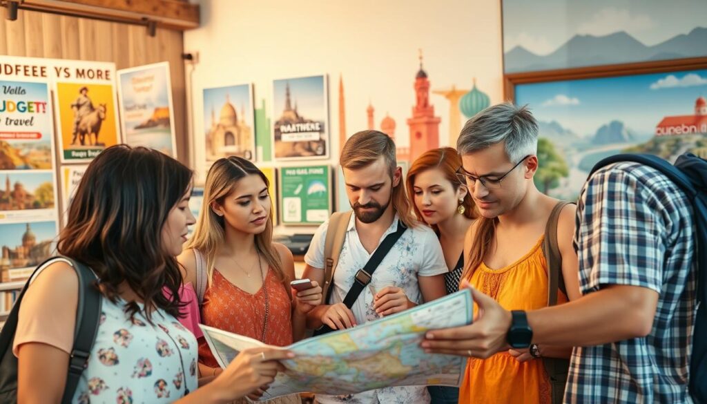 A vibrant scene depicting the impact of budget constraints on tourism. In the foreground, a diverse group of travelers dressed in modest summer attire is examining a map and discussing travel options, with facial expressions of concern and determination. The middle ground features a rustic travel agency with a warm, inviting atmosphere, showcasing promotional posters for budget-friendly destinations. In the background, colorful landmarks and natural landscapes suggest various tourist attractions, symbolizing affordability and adventure. Soft, natural lighting creates a hopeful ambiance, highlighting the contrast between the travelers’ aspirations and the reality of budget limitations. The angle is a slightly elevated perspective, capturing the dynamic interaction among the travelers while maintaining focus on their environment. A vibrant scene depicting the impact of budget constraints on tourism. In the foreground, a diverse group of travelers dressed in modest summer attire is examining a map and discussing travel options, with facial expressions of concern and determination. The middle ground features a rustic travel agency with a warm, inviting atmosphere, showcasing promotional posters for budget-friendly destinations. In the background, colorful landmarks and natural landscapes suggest various tourist attractions, symbolizing affordability and adventure. Soft, natural lighting creates a hopeful ambiance, highlighting the contrast between the travelers’ aspirations and the reality of budget limitations. The angle is a slightly elevated perspective, capturing the dynamic interaction among the travelers while maintaining focus on their environment.