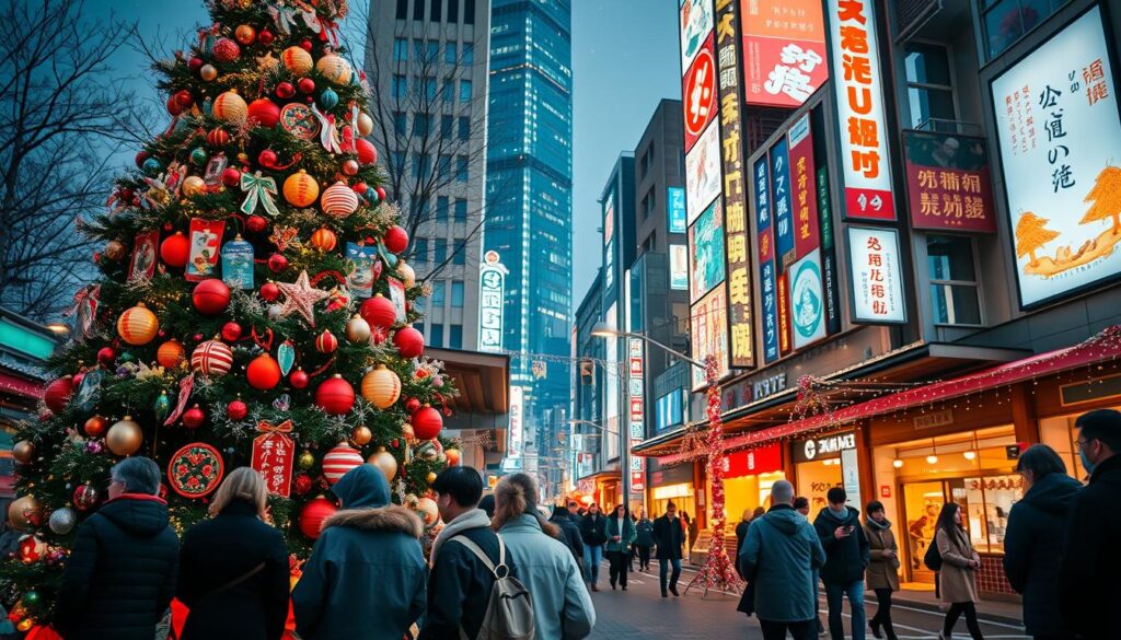 A vibrant scene depicting traditional Japanese Christmas celebrations in Tokyo. In the foreground, a beautifully adorned Christmas tree with colorful decorations and Japanese ornaments, surrounded by people in modest casual clothing, gathered around to admire it. The middle ground features a lively street illuminated with futuristic Christmas lights and decorations, showcasing the contrasting blend of tradition and modernity. In the background, tall skyscrapers featuring neon lights and advertisements, capturing Tokyo's urban essence. Soft snowflakes gently falling through the air add to the festive atmosphere. The scene is illuminated by warm ambient lighting, creating a cozy, inviting mood reminiscent of the holiday spirit in Japan. The angle of the image invites viewers into this enchanting winter wonderland, brimming with charm and cultural richness.