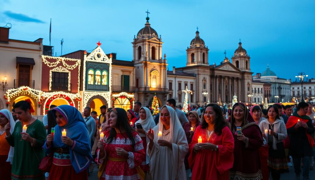 A vibrant scene depicting traditional Posadas in Mexico City during Christmas. In the foreground, a group of families dressed in colorful, modest holiday attire, joyfully participating in a lively procession with candles and musical instruments. In the middle ground, beautifully decorated homes adorned with lights and papel picado, showcasing festive ornaments. The background features the iconic Zócalo, illuminated with twinkling lights, surrounded by colonial architecture, creating a warm and inviting atmosphere. The sky is dusky blue, with hints of evening stars starting to appear. The image should convey a sense of joy, tradition, and warmth, capturing the essence of holiday festivities in Mexico City. Use soft, ambient lighting to enhance the magical feel of the moment, as if viewed through a slightly blurred lens to create a dreamlike quality.