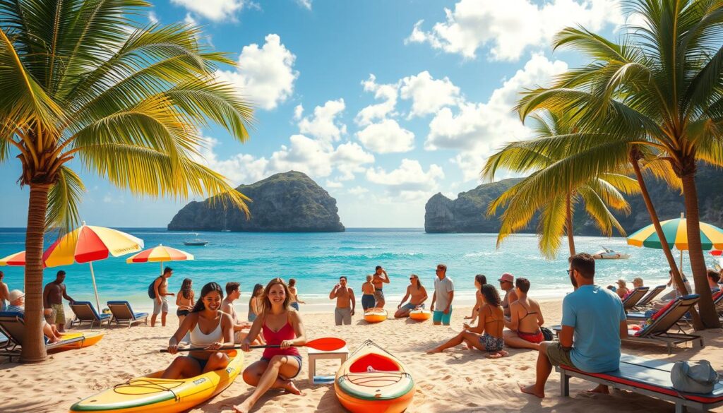 A vibrant scene depicting unforgettable experiences in Northeastern Brazil, showcasing pristine, paradisiacal beaches. In the foreground, a group of diverse people dressed in modest, casual clothing enjoys beach activities such as kayaking and beach volleyball, their expressions filled with joy and excitement. The middle ground features lush palm trees framing the scene, with colorful beach umbrellas and lounge chairs inviting relaxation. In the background, the azure ocean meets the clear blue sky, dotted with white clouds and framed by striking cliffs. The scene is bathed in warm, golden sunlight, creating a cheerful and inviting atmosphere. The image captures the essence of adventure and relaxation, perfect for illustrating memorable excursions in this tropical paradise.