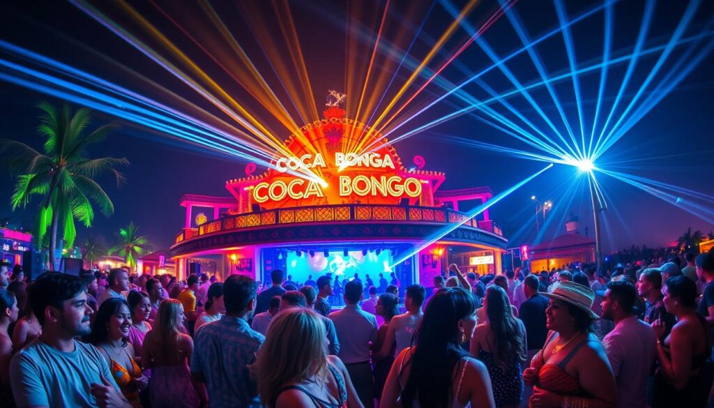 A vibrant scene of Casa Noturna Coco Bongo in Cancun, filled with festivities and energy. In the foreground, a diverse group of people dressed in colorful party attire, enjoying the lively atmosphere, dancing and laughing. The middle ground features an exuberant DJ booth with dynamic lights and a buzzing crowd. In the background, the iconic exterior of the Coco Bongo club is illuminated with bright neon signs and lasers cutting through the night sky, creating a festive mood. The scene is set under a starry night with warm and captivating lighting, reflecting a tropical party vibe. Use a wide-angle lens to capture the depth of the celebration and convey the excitement of New Year festivities at a beachfront venue. A vibrant scene of Casa Noturna Coco Bongo in Cancun, filled with festivities and energy. In the foreground, a diverse group of people dressed in colorful party attire, enjoying the lively atmosphere, dancing and laughing. The middle ground features an exuberant DJ booth with dynamic lights and a buzzing crowd. In the background, the iconic exterior of the Coco Bongo club is illuminated with bright neon signs and lasers cutting through the night sky, creating a festive mood. The scene is set under a starry night with warm and captivating lighting, reflecting a tropical party vibe. Use a wide-angle lens to capture the depth of the celebration and convey the excitement of New Year festivities at a beachfront venue.