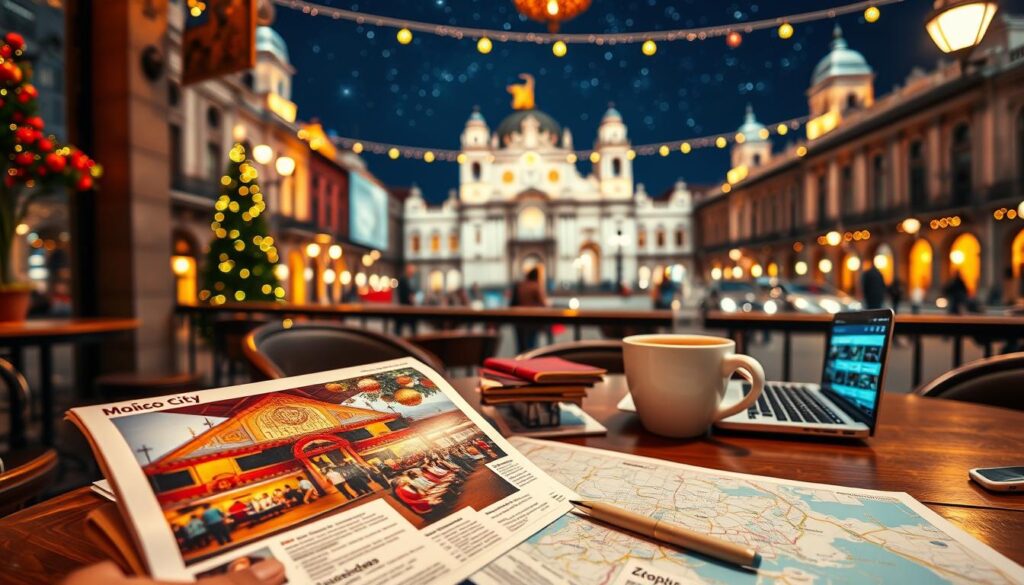 A vibrant scene of a traveler planning a trip to Mexico City during Christmas. In the foreground, an open travel guidebook displaying colorful images of traditional Posadas and Zócalo, with notes and a map scattered around. In the middle, a cozy coffee shop table with a steaming cup of coffee, a laptop, and a smartphone displaying travel apps. The background captures the illuminated Zócalo square, adorned with festive lights and decorations, showcasing the grandeur of the city’s architecture under a starry night sky. The atmosphere is lively and inviting, evoking a sense of wanderlust and excitement for an unforgettable journey. Soft, warm lighting enhances the cozy ambiance, with a wide-angle view that encompasses both the planning process and the magical backdrop of the city.