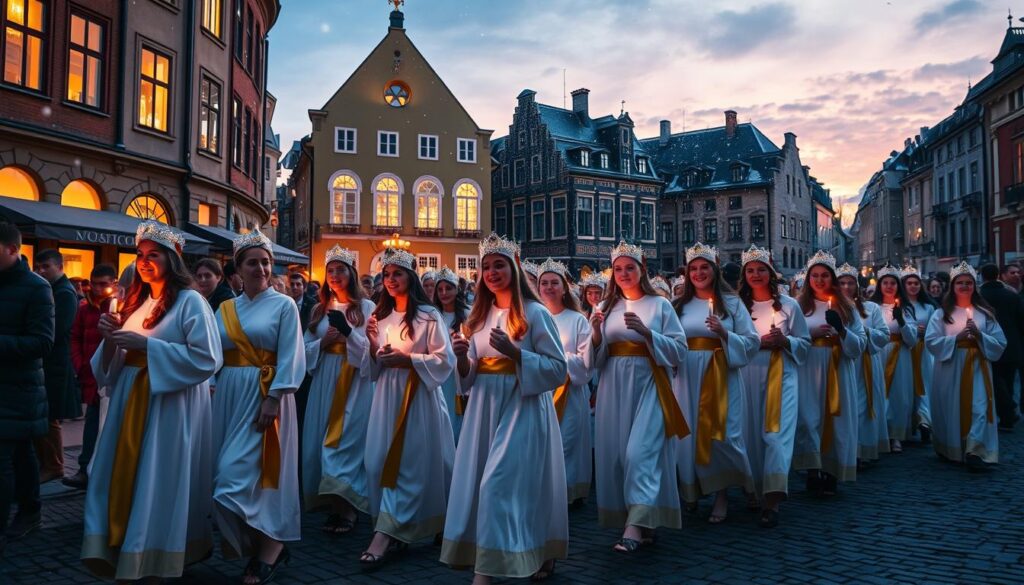 A vibrant scene of the "Santa Lucia procession," set in the heart of Stockholm during a winter evening. In the foreground, a group of women dressed in white robes with gold sashes, adorned with candle crowns, walk gracefully, radiating warmth and light. Their joyful expressions reflect the spirit of celebration. In the middle, the cobblestone street is lit with soft, glowing lanterns, enhancing the festive atmosphere. The background features historic Swedish buildings, their windows glowing with warm light, surrounded by softly falling snowflakes. The scene evokes a sense of community and togetherness, with a magical twilight sky creating an ethereal backdrop. The lighting is warm and inviting, capturing the essence of this beloved tradition.
