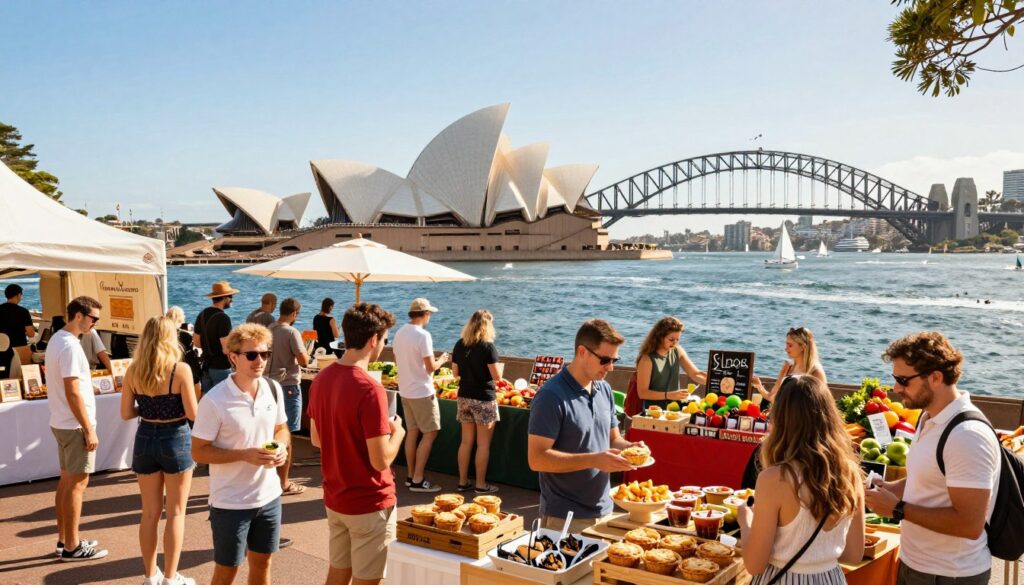 A vibrant scene showcasing cultural experiences in Sydney during the summer, emphasizing iconic landmarks like the Sydney Opera House and Harbour Bridge. In the foreground, a diverse group of people dressed in casual summer attire is enjoying a culinary festival, tasting Australian delicacies such as meat pies and fresh seafood. In the middle ground, colorful market stalls filled with fresh produce and local crafts create a lively atmosphere. The background reveals the shimmering waters of Sydney Harbour under a clear blue sky, with sailboats and seagulls adding to the scene. Use warm, golden lighting to evoke a cheerful summer vibe, with a wide-angle perspective to capture the bustling energy of the event. The overall mood is festive and inviting, perfect for celebrating the Australian culture.