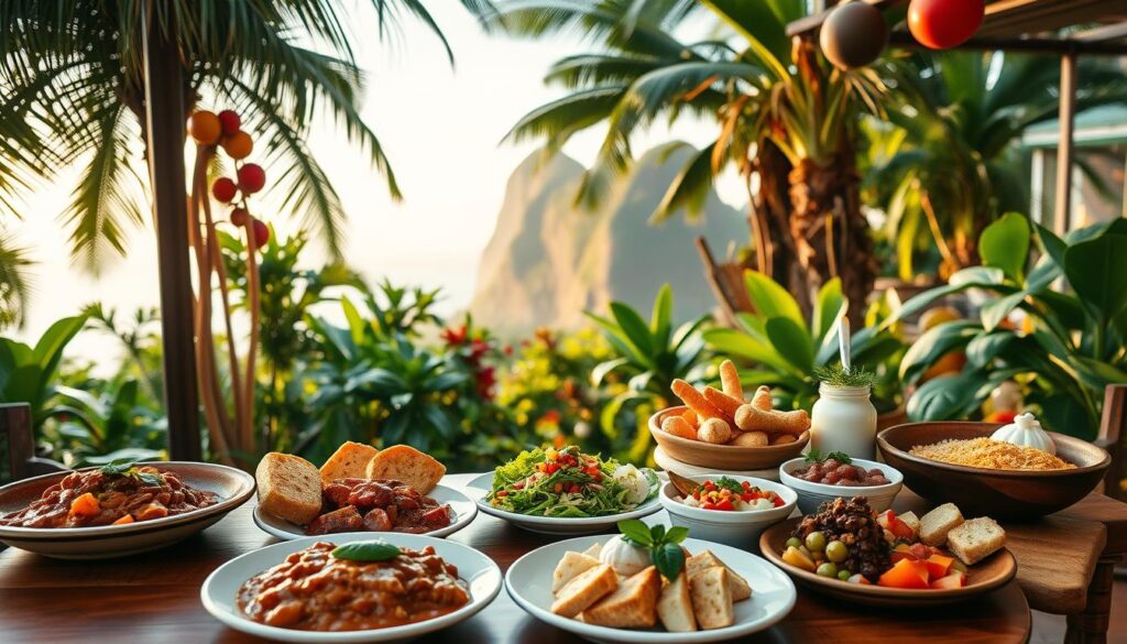 A vibrant scene showcasing local Brazilian cuisine reflecting the rich flavors and traditions of ecotourism in Rio de Janeiro. In the foreground, a wooden table adorned with an array of traditional dishes, such as feijoada, pão de queijo, and acai bowls, beautifully presented with colorful garnishes. The middle ground reveals a lush, tropical garden with exotic fruits and herbs, emphasizing a connection to nature. In the background, the iconic Sugarloaf Mountain bathed in warm golden sunlight, creating a serene atmosphere. Capture this image with a soft focus, natural lighting to enhance the colors, shot from a slightly elevated angle to invite viewers into the culinary experience. The overall mood is inviting and culturally rich, celebrating the essence of local gastronomy.
