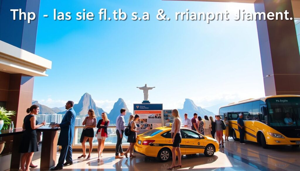 A vibrant scene showcasing tips for lodging and transportation in Rio de Janeiro. In the foreground, a stylish hotel lobby with welcoming staff in professional attire and guests checking in with cheerful expressions. The middle ground features a cheerful group of travelers discussing their itinerary next to a display of transportation options, including a taxi and a bus ready to whisk them away. In the background, iconic landmarks like Sugarloaf Mountain and Christ the Redeemer are visible under a clear blue sky. Soft sunlight filters through, casting warm light across the scene, creating an inviting and friendly atmosphere. The image is captured from a slight low angle to emphasize the grandeur of the surroundings and the bustling activity of travel planning. A vibrant scene showcasing tips for lodging and transportation in Rio de Janeiro. In the foreground, a stylish hotel lobby with welcoming staff in professional attire and guests checking in with cheerful expressions. The middle ground features a cheerful group of travelers discussing their itinerary next to a display of transportation options, including a taxi and a bus ready to whisk them away. In the background, iconic landmarks like Sugarloaf Mountain and Christ the Redeemer are visible under a clear blue sky. Soft sunlight filters through, casting warm light across the scene, creating an inviting and friendly atmosphere. The image is captured from a slight low angle to emphasize the grandeur of the surroundings and the bustling activity of travel planning.