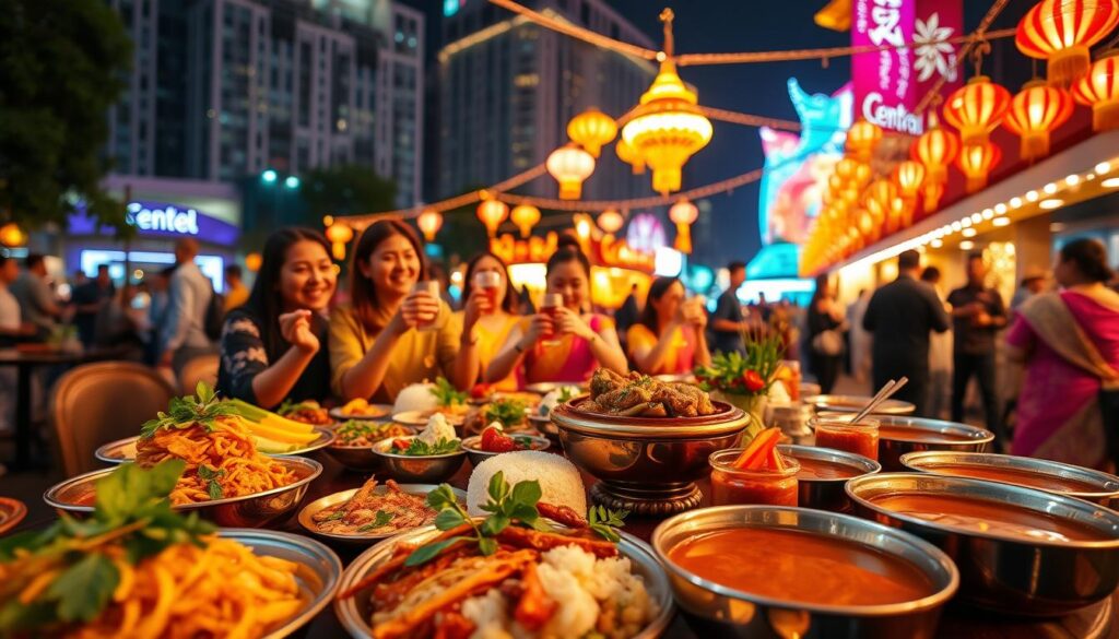 A vibrant scene showcasing traditional Thai food during the New Year celebration in Bangkok. In the foreground, a beautifully arranged table features an array of colorful dishes, including Pad Thai, mango sticky rice, and spicy Tom Yum soup, all garnished with fresh herbs. In the middle ground, people dressed in festive, modest attire joyfully share their meals, laughing and toasting with drinks. In the background, the dazzling decorations of Central World Plaza illuminate the evening, with vibrant lights and traditional Thai lanterns, creating a festive atmosphere. The scene is bathed in warm golden lighting, evoking a sense of celebration and community. Use a shallow depth of field to highlight the food details, while softly blurring the bustling crowd and decorations behind.