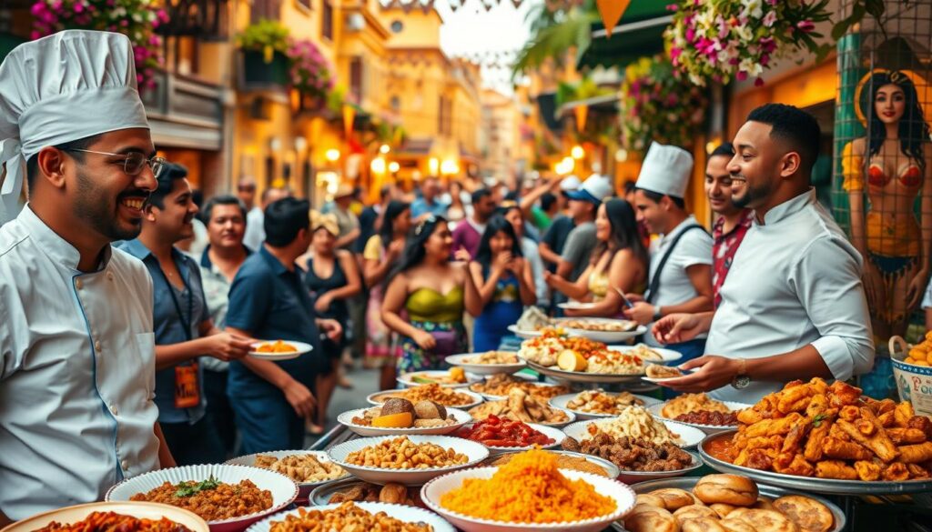A vibrant street market scene during Carnaval, showcasing a diverse array of local dishes. In the foreground, a colorful food stall displays a variety of traditional Brazilian delicacies like feijoada, acarajé, and pastel, artfully arranged on plates. Local chefs, dressed in professional attire, joyfully serve the food to excited festival-goers, who are sampling the flavors while wearing festive clothing and accessories. In the middle ground, a lively crowd immerses themselves in the atmosphere, dancing to the rhythm of samba music. The background features festively decorated buildings adorned with banners and blossoms, with warm, golden lighting that captures the essence of celebration. The mood is joyful and celebratory, encapsulating the spirit of Carnaval through its authentic gastronomy.