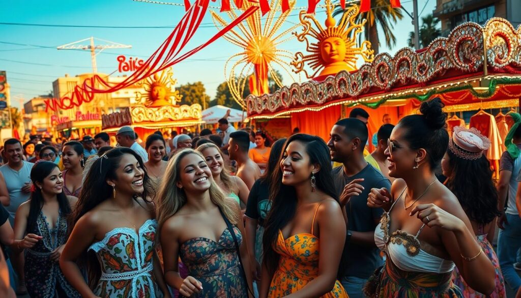 A vibrant street scene capturing the festive spirit of Carnaval, filled with diverse crowds of people in colorful, modest costumes celebrating together. In the foreground, a group of friends, including people of various ages and backgrounds, dance joyfully, laughing under the warm, golden light of late afternoon sun. In the middle ground, stalls decorated with streamers and lights offer traditional Brazilian snacks and drinks, while performers entertain with music and dance. The background features a lively parade with elaborate floats adorned with sparkling decorations, set against a clear blue sky. The atmosphere is filled with excitement and joy, embodying a sense of community and inclusivity, perfect for all profiles of Carnaval enthusiasts.