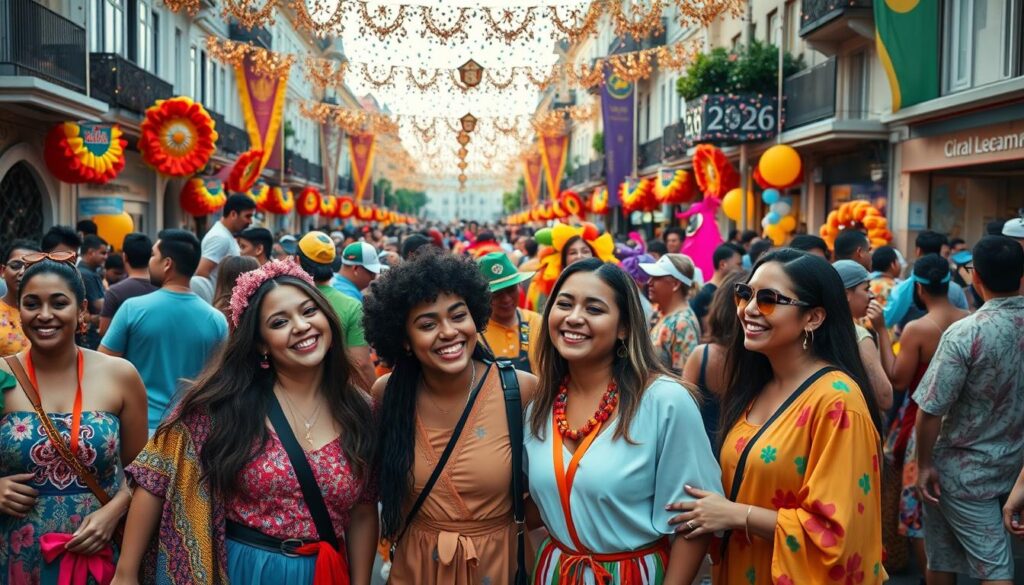 A vibrant street scene during Carnaval 2026, filled with diverse revelers in colorful, modest festival attire celebrating joyfully. In the foreground, a group of friends, smiling and engaging with each other, showcasing different styles from traditional costumes to contemporary outfits. The middle ground features lively dancers, drummers, and street performers, all under a canopy of festive decorations and confetti. The background captures iconic landmarks decorated for the event, with vivid banners and lighting illuminating the atmosphere. Use bright, cheerful colors and warm, dynamic lighting, with a slightly blurred background to emphasize the joyful interactions in the foreground, creating a fun and energetic atmosphere synonymous with Carnaval.