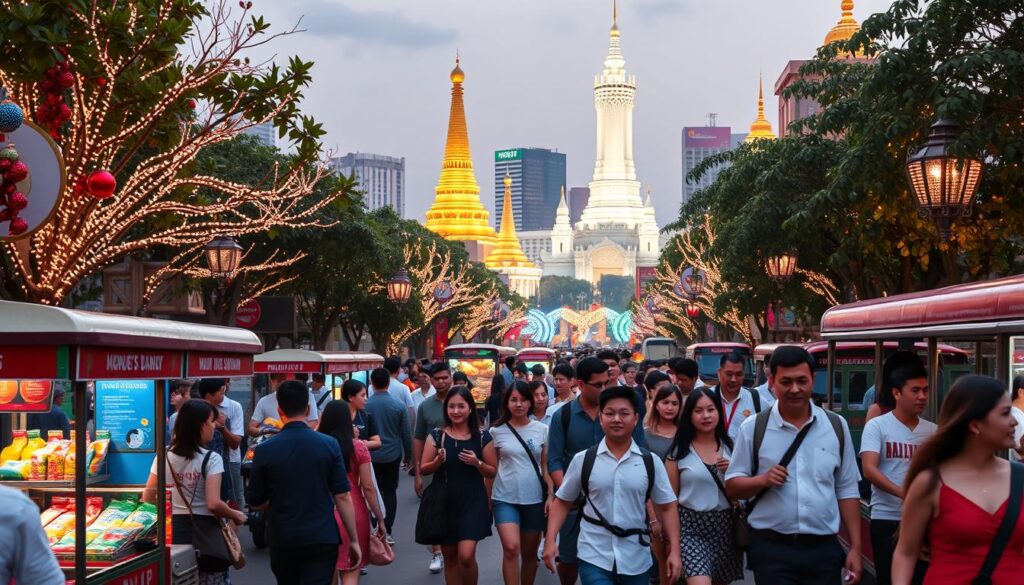 A vibrant street scene in Bangkok during New Year’s Eve, showcasing a diverse crowd dressed in smart casual attire, excitedly navigating towards Central World Plaza. In the foreground, there are street vendors offering colorful traditional snacks, and travelers using local transportation options like tuk-tuks and buses. The middle layer features the bustling crowd and beautifully lit trees adorned with festive decorations, while in the background, the illuminated Central World Plaza stands tall, surrounded by shimmering temples with golden domes, subtly hinting at their magnificent architecture. The scene is set during twilight, with warm, glowy lights illuminating the festivity, creating an energetic and celebratory atmosphere, captured from a slightly elevated angle to encompass the lively interaction between people and their vibrant surroundings.