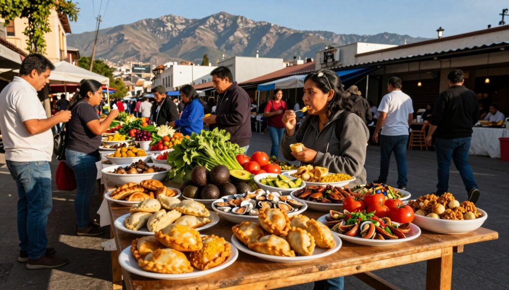 A vibrant street scene in Santiago, Chile, showcasing a bustling outdoor market rich in Chilean cuisine. In the foreground, a wooden table is laden with colorful traditional dishes such as empanadas, pastel de choclo, and a variety of seafood. Bunches of fresh vegetables like avocados and tomatoes are artistically arranged nearby. The middle ground features locals dressed in modest casual clothing, engaging in friendly conversations and savoring food, reflecting the warm summer atmosphere. In the background, the iconic Andes mountains are visible under a clear blue sky, casting soft shadows. The lighting is warm and golden, evoking a lively summer day, capturing the essence of exploring Chilean gastronomy in Santiago.