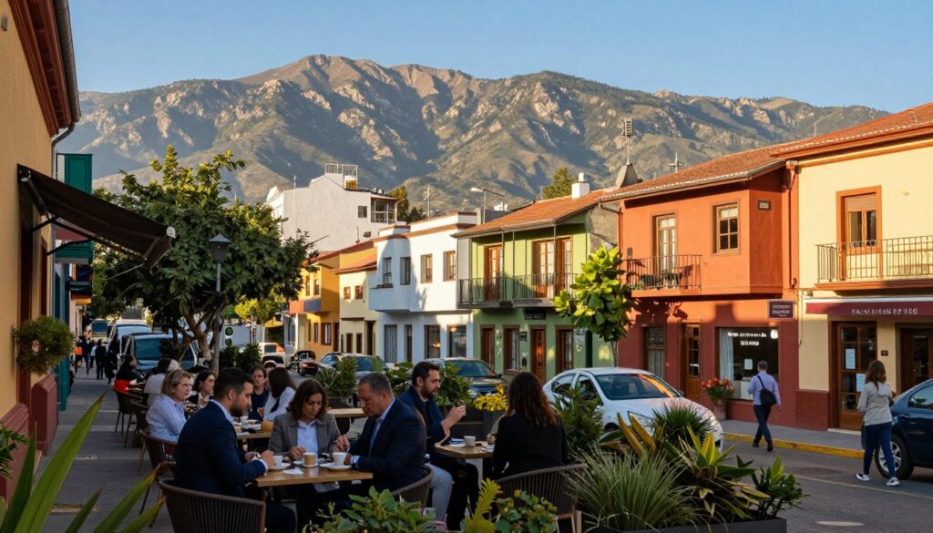 A vibrant street scene in Santiago, showcasing various neighborhoods ideal for accommodation. In the foreground, a cozy café with outdoor seating filled with people in professional attire enjoying their coffee, surrounded by lush greenery. The middle ground features charming residential buildings with colorful facades, mingled with boutique hotels, some marked with subtle signs indicating their availability. In the background, the majestic Andes mountains rise under a clear blue sky, casting soft shadows across the streets. The lighting is warm and inviting, capturing the essence of a sunny summer day. The atmosphere is lively yet relaxed, embodying the perfect blend of urban life and the natural beauty of Chile. The focus is sharp with a slight depth of field, drawing attention to the vibrant life in this beautiful city.