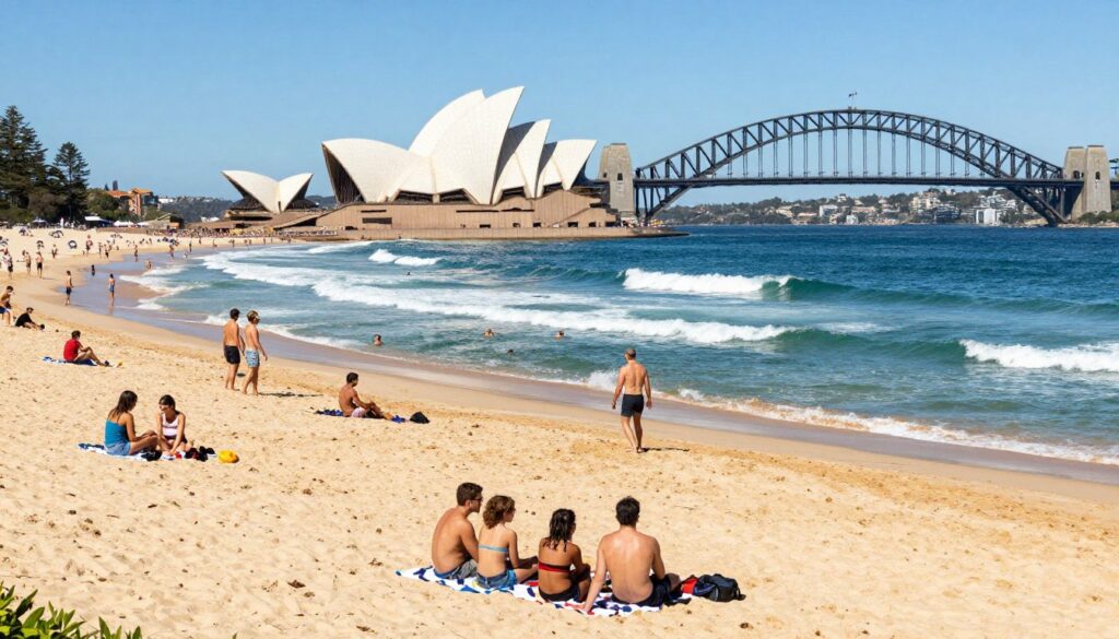 A vibrant summer scene at Sydney's famous beaches, showcasing Bondi Beach and Coogee Beach. In the foreground, families and friends are enjoying the sun, picnicking on the warm sand, and playing beach games, all dressed in casual summer attire. The middle ground features beachgoers swimming in the turquoise waves and surfers riding the clear, sparkling surf. In the background, iconic Sydney landmarks like the Sydney Opera House and the Sydney Harbour Bridge are gracefully integrated into the coastal landscape under a bright blue sky. The sunlight casts a golden glow on the scene, enhancing the joyful atmosphere. Capture this lively summer vibe from a slightly elevated perspective, emphasizing the beach's natural beauty and its bustling summer energy.