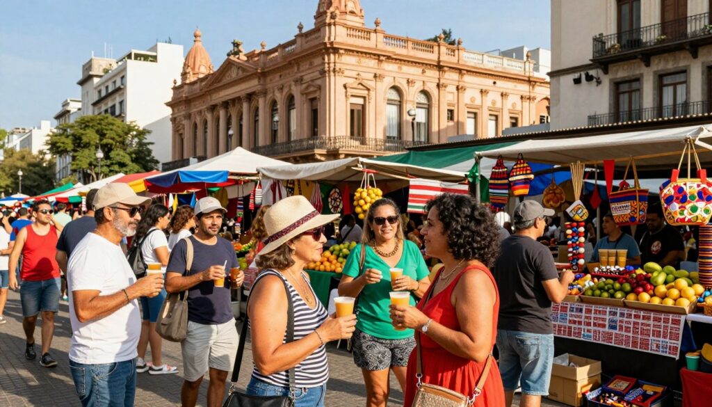 A vibrant summer scene depicting a bustling Argentinian marketplace in January, capturing the essence of travel and celebration. In the foreground, a diverse group of adults in casual, colorful summer attire are enjoying local street food, smiling and interacting. The middle ground features lively stalls adorned with fresh fruits, traditional crafts, and local delicacies, creating a sense of community and festivity. The background showcases the iconic architecture of Buenos Aires, bathed in warm sunlight, with clear blue skies overhead. The composition is captured with a slight tilt, creating depth and energy, evoking a joyful, inviting atmosphere ideal for travel in January. The lighting is bright and cheerful, emphasizing the warmth of the summer season in Argentina.