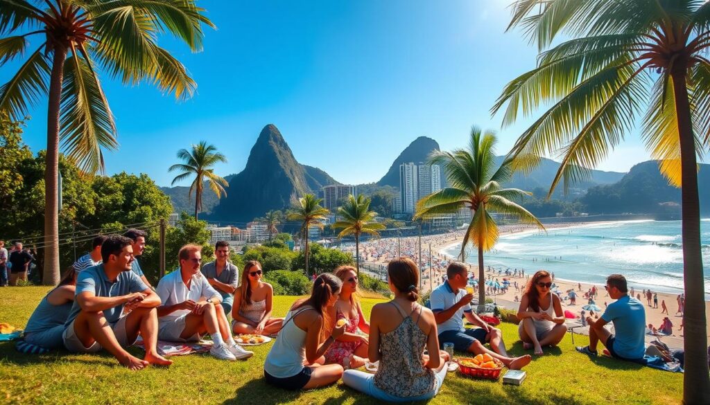 A vibrant summer scene in Rio de Janeiro showcasing iconic Destinos for travelers on a budget. In the foreground, a diverse group of casually dressed people enjoying a picnic on a grassy hill, smiling and sharing food, with the stunning backdrop of the Sugarloaf Mountain and a clear blue sky. In the middle ground, lush greenery and palm trees frame the scene, while in the background, the bustling beach, dotted with colorful umbrellas and surfers catching waves, highlights the lively atmosphere. Golden sunlight bathes the landscape, casting soft shadows and creating a warm, inviting mood. The perspective is slightly elevated to capture the expansive beauty of Rio, emphasizing both nature and urban life.