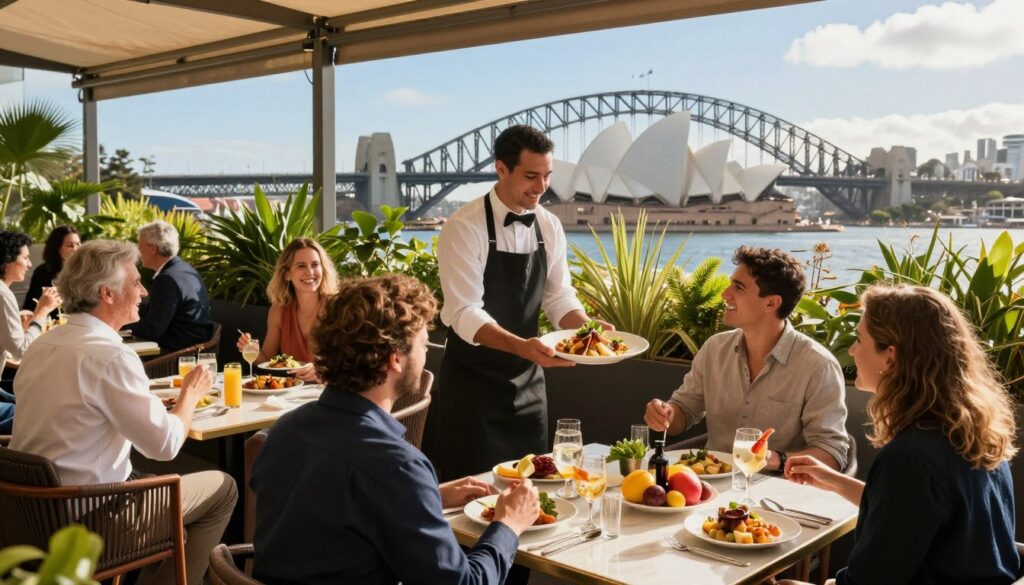 A vibrant summer scene in Sydney, showcasing a cozy outdoor café with elegant tables adorned with fresh Australian cuisine, colorful fruits, and local delicacies. In the foreground, guests in smart casual attire enjoy their meals, laughing and sharing moments over refreshments. In the middle, a waiter serves a beautifully plated dish, while lush greenery provides a natural backdrop. The iconic Sydney Opera House and Harbour Bridge are visible in the background, partially sunlit, under a clear blue sky. The lighting is warm and inviting, evoking a cheerful summer atmosphere. Shot from a slightly elevated angle, the image captures the lively energy of the culinary scene, emphasizing flavors and comfort in dining during New Year celebrations.