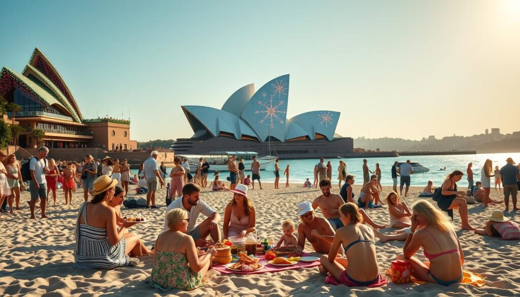 A vibrant summer scene in Sydney showcasing festive holiday experiences. In the foreground, people in modest summer attire gather on a sun-kissed beach, enjoying a picnic spread with traditional Australian Christmas foods like prawns and pavlova. The middle ground features families engaging in beach games, sunbathing, and children building sandcastles. In the background, the iconic Sydney Opera House is illuminated with colorful Christmas lights and decorations, creating a magical atmosphere. The bright blue sky reflects the festive spirit, and the soft glow of the setting sun casts warm lighting over the scene. Capture the cheerful mood and lively ambiance of Christmas celebrations in Sydney with a wide-angle lens to emphasize the beach and the stunning architectural backdrop.
