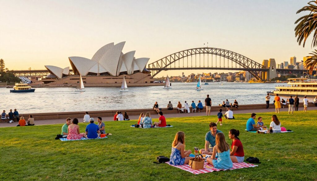 A vibrant summer scene in Sydney, showcasing iconic landmarks like the Sydney Opera House and Sydney Harbour Bridge bathed in the warm glow of a golden sunset. In the foreground, a diverse group of people dressed in colorful summer attire enjoy a picnic on the lush green lawns of the Royal Botanic Garden, with children playing nearby. The middle of the image features a bustling harbor filled with sailboats and ferries, while tourists explore along the waterfront promenade. In the background, palm trees sway gently in the breeze, adding to the holiday atmosphere. Capture stunning reflections of the skyline on the water's surface, using a wide-angle lens for depth and a warm, inviting color palette to evoke feelings of joy and adventure, perfect for a New Year celebration in Australia.