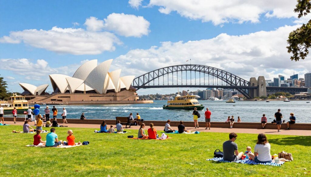 A vibrant summer vista of Sydney, showcasing the iconic Sydney Opera House and Harbour Bridge under a bright blue sky filled with fluffy white clouds. In the foreground, lush green parklands teem with families enjoying picnics, people strolling, and children playing. The middle ground features a bustling waterfront with ferries gliding across the water, and visitors in casual, colorful summer attire engaging in outdoor activities. In the background, the city skyline sparkles in the sunlight, highlighting modern glass buildings. The lighting is warm and inviting, creating a cheerful summer atmosphere. Capture this scene as if taken with a wide-angle lens, emphasizing the liveliness of Sydney’s summer vibe.