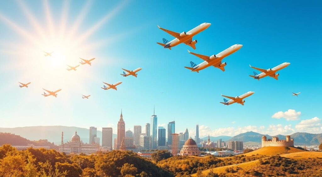 A vibrant, sun-drenched scene depicting popular travel destinations and flight routes. In the foreground, a diverse array of airplanes take flight against a clear, azure sky. The middle ground showcases picturesque cityscapes and landmarks, representing iconic destinations. In the background, lush landscapes and rolling hills create a sense of depth and wanderlust. The lighting is warm and golden, conveying a mood of adventure and exploration. The composition is balanced, with the planes, cities, and natural elements working in harmony to create a visually compelling and inspirational image that captures the essence of affordable global travel.