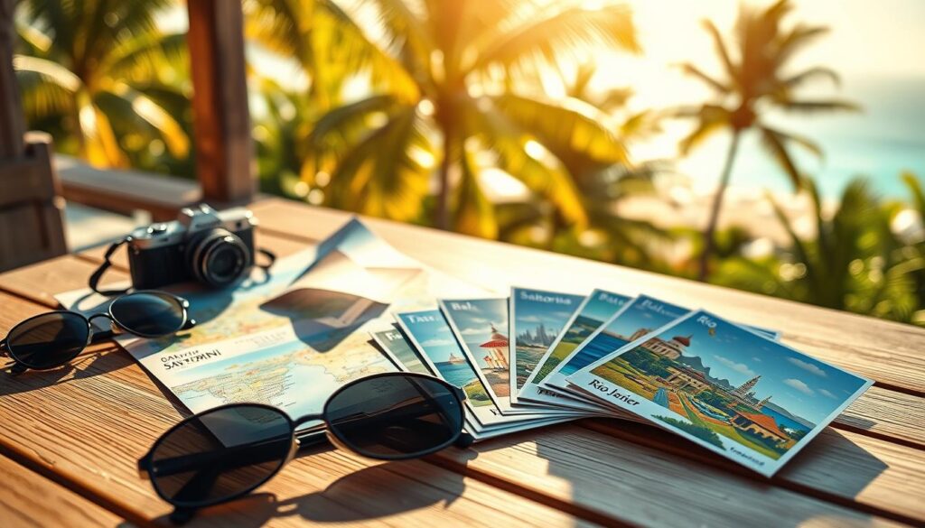 A vibrant, sunlit travel itinerary spread out on a wooden table, showcasing popular international destinations for the summer. In the foreground, neatly arranged traveler essentials like sunglasses, a camera, and a map, all casting soft shadows in the golden light. The middle ground features beautifully illustrated postcards from destinations like Santorini, Bali, and Rio de Janeiro, artfully fanned out, inviting exploration. In the background, a lush tropical scene with palm trees swaying gently in a warm breeze, blurring slightly to emphasize focus on the itinerary items. The overall mood is warm, inviting, and adventurous, capturing the essence of summer travel excitement. Use natural sunlight for bright and cheerful lighting, with a slight depth of field to bring attention to the foreground travel items.