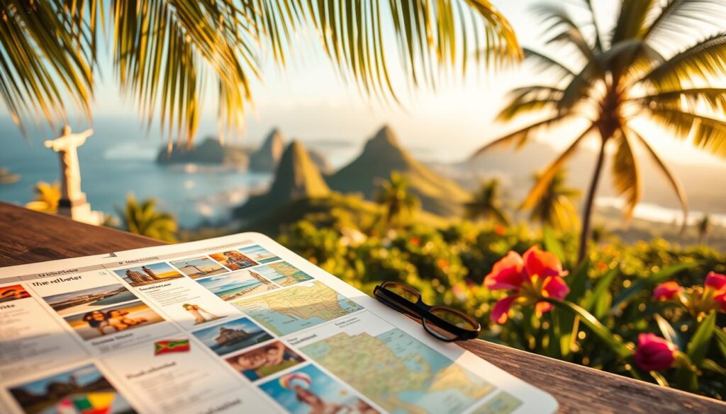 A vibrant travel itinerary scene showcasing popular Brazilian destinations for extended holidays in 2026. In the foreground, a neatly arranged travel planner with colorful destination images and notes, inviting viewers to explore. The middle ground features iconic landmarks such as Christ the Redeemer, Sugarloaf Mountain, and beautiful beaches, all bathed in warm, golden sunlight. In the background, a lush tropical landscape unfolds, dotted with palm trees and vibrant flowers, symbolizing adventure and relaxation. The atmosphere is cheerful and inviting, capturing the essence of travel excitement. Use a wide-angle lens effect to emphasize depth, with soft-focus edges to maintain attention on the travel planner. The entire scene is lively, encouraging readers to dream of their next adventure.