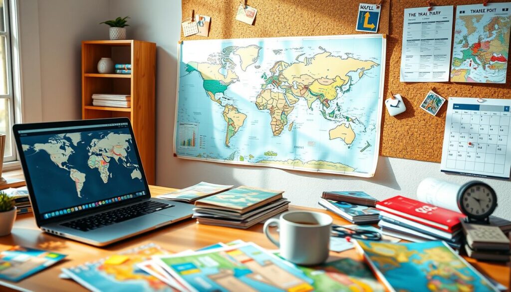 A vibrant travel planning scene in a cozy, well-lit workspace. In the foreground, a neatly arranged desk filled with colorful travel guides, a laptop displaying a mapping application, and a steaming cup of coffee. In the middle, a world map sprawled out with pins and notes indicating destinations. On the background wall, a corkboard pinned with flight tickets, postcards, and a calendar marked with travel dates. Soft natural light streams through a window, creating a warm and inviting atmosphere. The mood is one of excitement and organization, showcasing the essence of effective travel preparation. Include no people in the scene, maintaining focus on the travel planning elements.