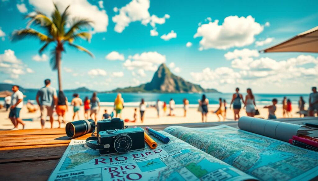 A vibrant travel scene capturing practical travel tips for a trip to Rio de Janeiro. In the foreground, a wooden table adorned with a detailed travel guide filled with maps, a camera, a notebook, and colorful markers, suggesting planning and organization. The middle ground includes a sunny beach scene with people of various backgrounds casually enjoying the atmosphere, all dressed in modest summer clothing. In the background, the iconic Sugarloaf Mountain rises majestically against a bright blue sky with scattered fluffy clouds. The lighting is warm and inviting, reminiscent of a sunny day in Rio, with soft shadows enhancing the scene’s depth. The overall mood is energetic and inspiring, encouraging viewers to prepare for their own adventure in this breathtaking city. A vibrant travel scene capturing practical travel tips for a trip to Rio de Janeiro. In the foreground, a wooden table adorned with a detailed travel guide filled with maps, a camera, a notebook, and colorful markers, suggesting planning and organization. The middle ground includes a sunny beach scene with people of various backgrounds casually enjoying the atmosphere, all dressed in modest summer clothing. In the background, the iconic Sugarloaf Mountain rises majestically against a bright blue sky with scattered fluffy clouds. The lighting is warm and inviting, reminiscent of a sunny day in Rio, with soft shadows enhancing the scene’s depth. The overall mood is energetic and inspiring, encouraging viewers to prepare for their own adventure in this breathtaking city.
