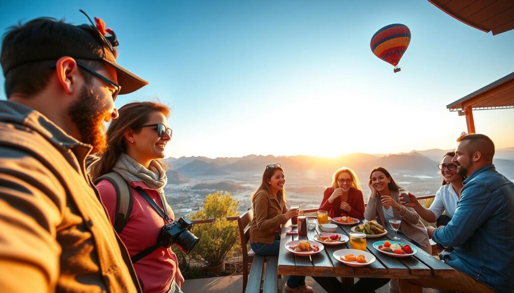 A vibrant travel scene showcasing unforgettable experiences, featuring a diverse group of travelers engaged in popular activities. In the foreground, a couple is admiring a stunning sunset while taking photos with a camera, dressed in comfortable yet stylish outdoor clothing. The middle ground includes friends sharing laughter while enjoying local cuisine at an outdoor café, with colorful dishes arranged on a rustic wooden table. In the background, scenic mountains rise against a clear blue sky, with a hot air balloon gently drifting by. The scene is bathed in warm, golden hour lighting, creating a joyful and inviting atmosphere that captures the essence of exploring new destinations. The composition uses a wide-angle lens to emphasize the expansive landscape while keeping the focus on the joyful connections among the travelers.