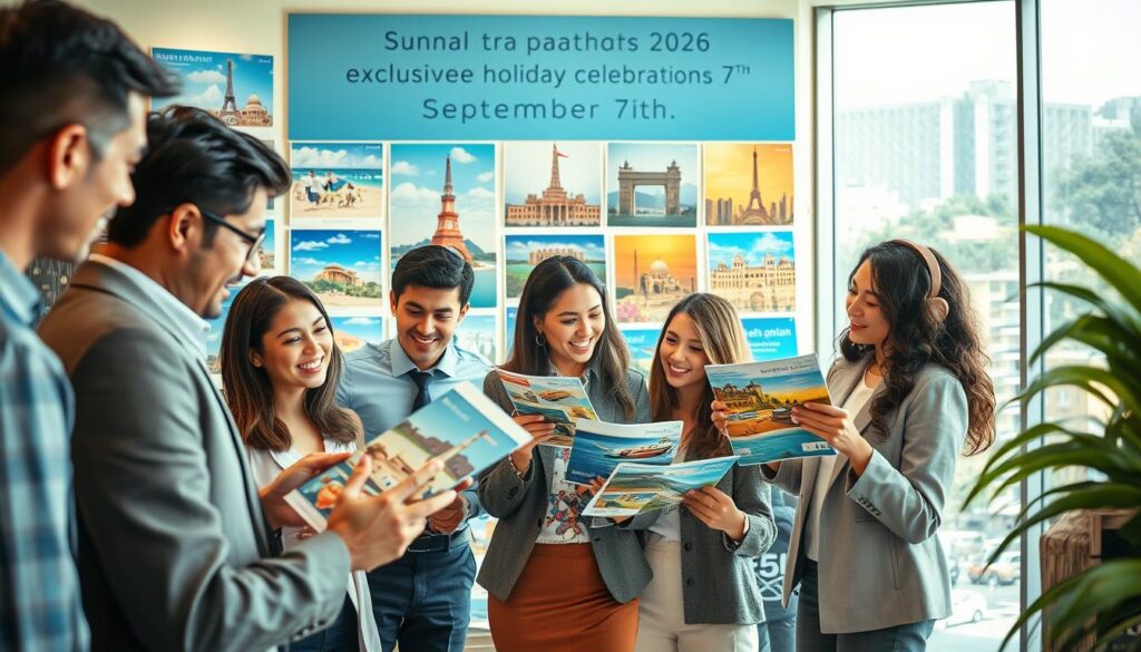 A vibrant travel-themed scene depicting exclusive holiday packages for the 2026 Independence Day celebrations on September 7th. In the foreground, showcase a diverse group of professionals in smart casual attire, reviewing travel brochures and discussing plans excitedly. In the middle ground, display an inviting travel agency office filled with colorful posters of popular destinations like beaches, mountains, and historical landmarks. The background should feature a large window with a bright sunny day outside, adding a warm and welcoming atmosphere. Utilize soft, natural lighting to create an inviting mood. The angle should give a clear view of the interaction among the group, surrounded by enticing travel visuals that evoke a sense of adventure and excitement.