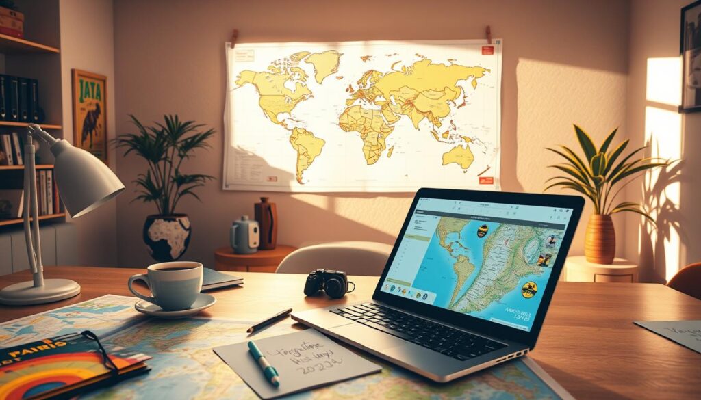 A vibrant workspace scene focused on travel itinerary planning. In the foreground, a well-organized desk with detailed maps, colorful travel brochures, and a laptop displaying a travel planning application. A steaming cup of coffee and a notepad filled with handwritten notes add a personal touch. In the middle, a world map is pinned to a wall, adorned with various destination tags. The background features a large window letting in warm, natural sunlight, casting gentle shadows across the room, enhancing a cozy yet productive atmosphere. The overall mood is organized and inspiring, perfect for a travel enthusiast crafting the ideal visit order for the upcoming holidays in 2026. The image conveys professionalism and enthusiasm for travel.