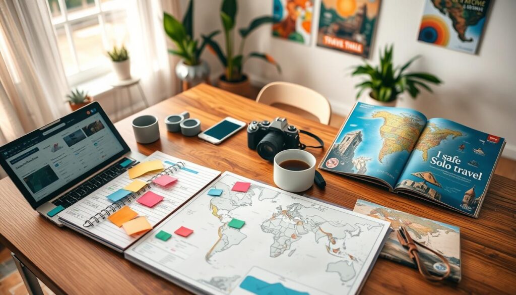 A visually inviting travel planning scene, featuring an overhead view of a stylish wooden table cluttered with travel essentials. In the foreground, a neatly arranged travel planner filled with colorful sticky notes and a world map, alongside a laptop displaying flight options. In the middle ground, a steaming cup of coffee, a compact camera, and a vibrant travel guidebook open to a page about safe solo travel destinations. The background shows a well-lit room with potted plants and travel posters on the wall, creating an inspiring atmosphere. Soft, natural lighting floods the space from a nearby window, enhancing the warm and adventurous mood, evoking the excitement of planning a solo trip in January. No people are depicted, ensuring a focus on the travel planning materials.