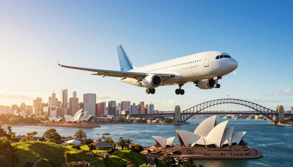 A vivid panoramic view of an airplane soaring above the stunning Australian landscapes, highlighting the vibrant skyline of Sydney in the distance. In the foreground, a sleek commercial airplane glides gracefully through a clear blue sky, while the iconic Sydney Opera House and Harbour Bridge shimmer in the sunlight. The middle ground features green coastal hills blending into the horizon, with the Pacific Ocean glistening in the sunlight. The background captures a warm summer atmosphere, with a soft golden light illuminating the scene, enhancing the sense of adventure and excitement. The mood is inviting and optimistic, perfect for travelers planning their journey to experience the New Year celebrations in Australia. The composition should be vibrant, well-lit, and professionally appealing, evoking the thrill of international travel.